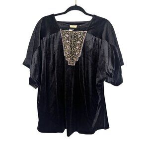 Vintage Floral Velvet Top Black L Boho Hippie Indie Folk Classic Chic Embroidery